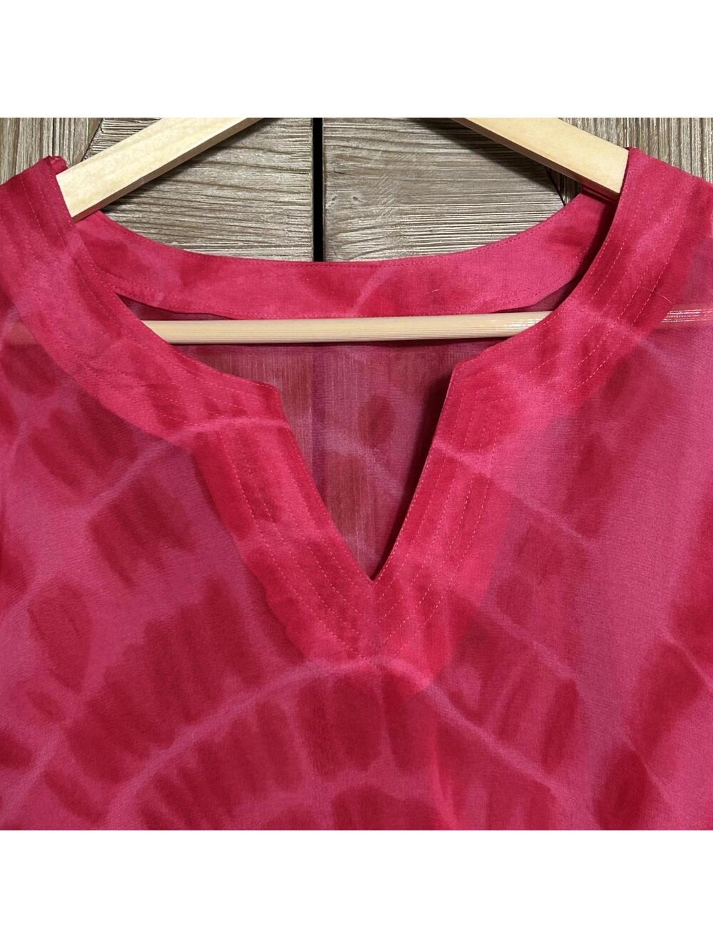 Womens Hot Pink Barbiecore Tie Dye Sheer V-Neck Blouse Small Pullover Coastal - Picture 2 of 3